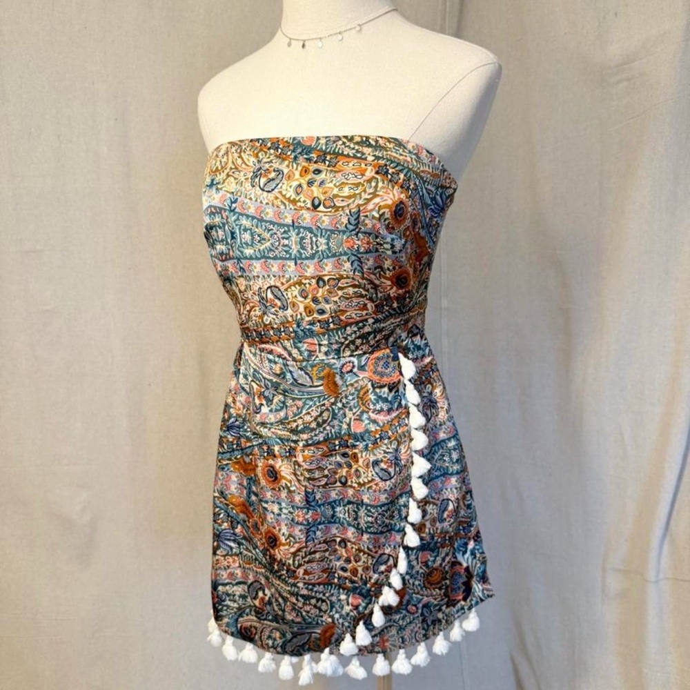 Lulus Strapless Boho Paisley Mini romper with Tassel Trim - Blue/Orange